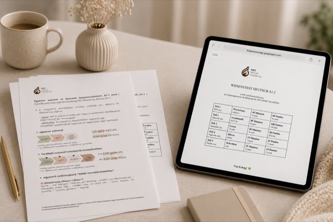 Nyomtatott német feladatlapok és tudásszintmérő teszt tableten