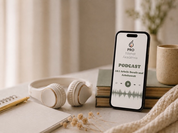 A PRO Német Akadémia podcast epizódja telefonon, fejhallgatóval